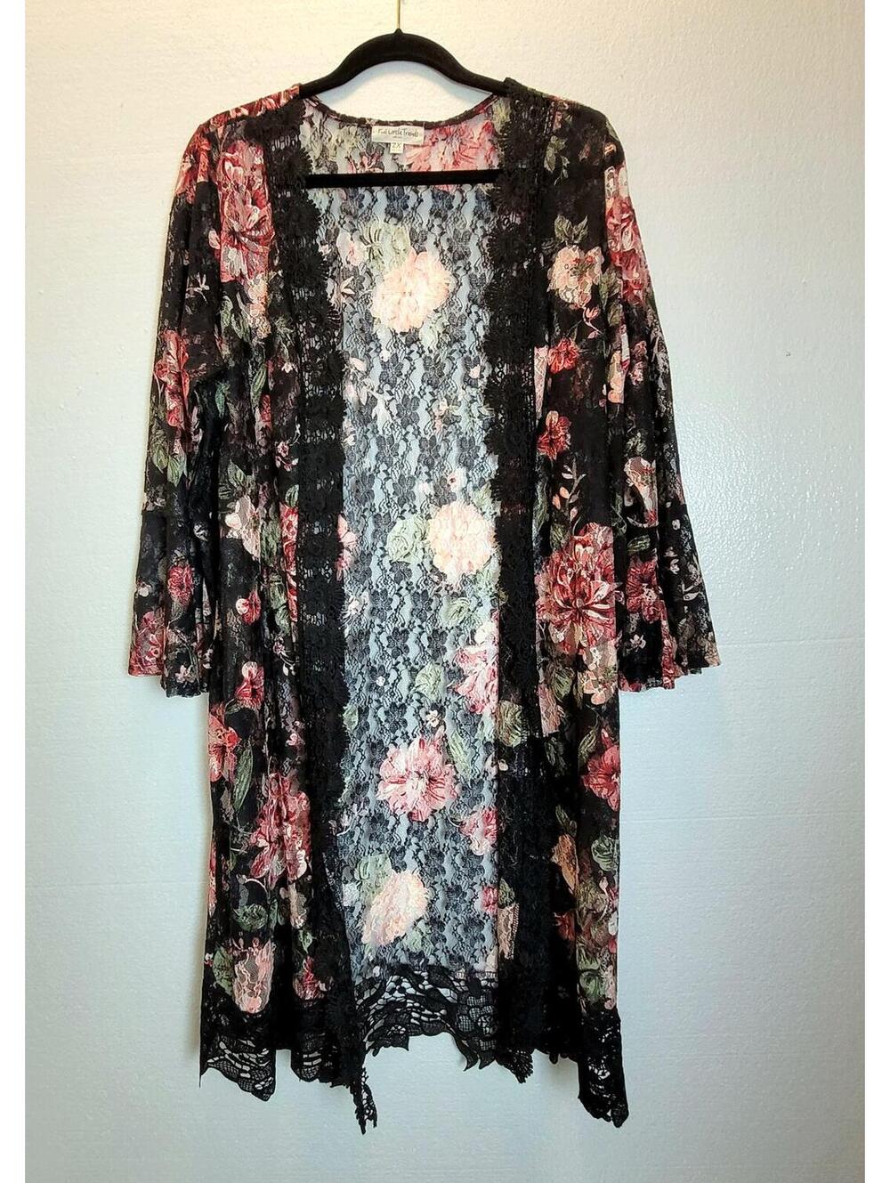 Black Pink Sheer Floral Lace Cardigan Topper Size 2X